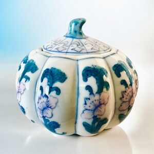 Vintage Hand Painted Porcelain Pumpkin Ginger Jar Blue Pink Floral Lidded Bowl